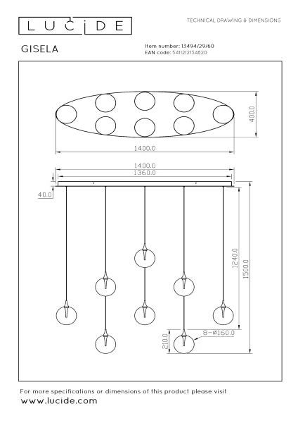 Lucide Premium GISELA - Pendant light - LED Dim. - 8x3,9W 2700K - Transparant - technical